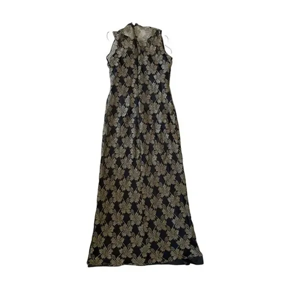 Vintage 1980s Column Dress Sheer Floral Overlay Black Slip Metallic Gold Black 6 - Picture 1 of 9